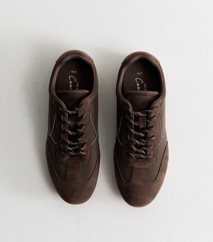 Dark Brown Faux Suede Panelled Low Top Trainers