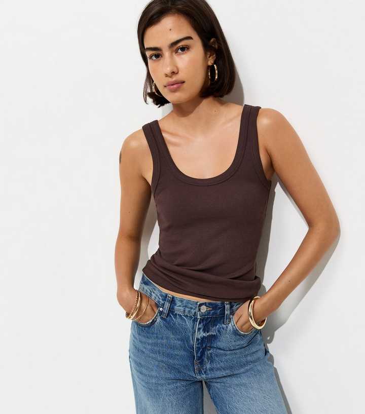 Dark Brown Cotton Rich Scoop Neck Vest Top