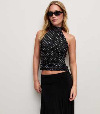 Black Jersey Spot Mesh High Neck Halter Neck Top