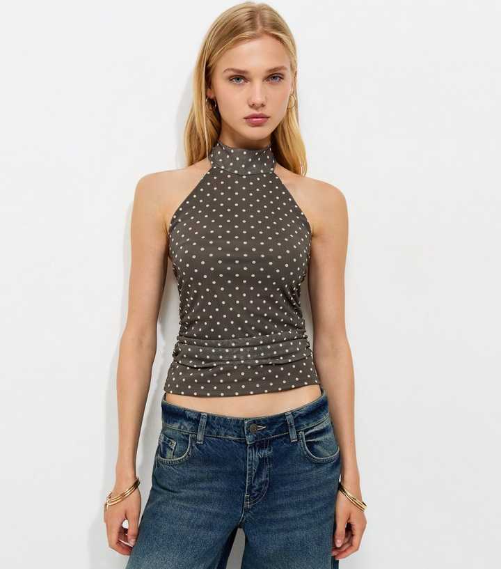 Brown Mesh Polka Dot High Neck Halter Top
