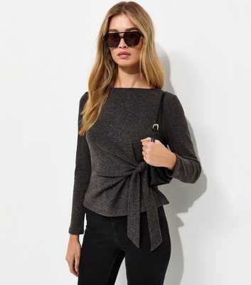 Tall Dark Grey Soft Touch Front Tie Long Sleeve Top