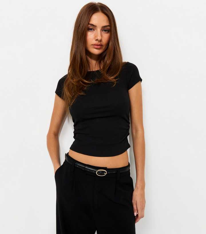 Black Cotton Rich Ruched Side Baby Tee T-Shirt