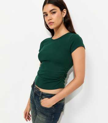 Dark Green Cotton Rich Ruched Side Baby Tee T-Shirt