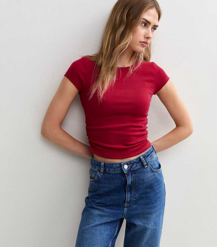 Bright Red Cotton Rich Ruched Side Baby Tee T-Shirt