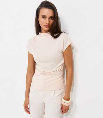 Oatmeal Soft Touch Draped High Neck T-Shirt