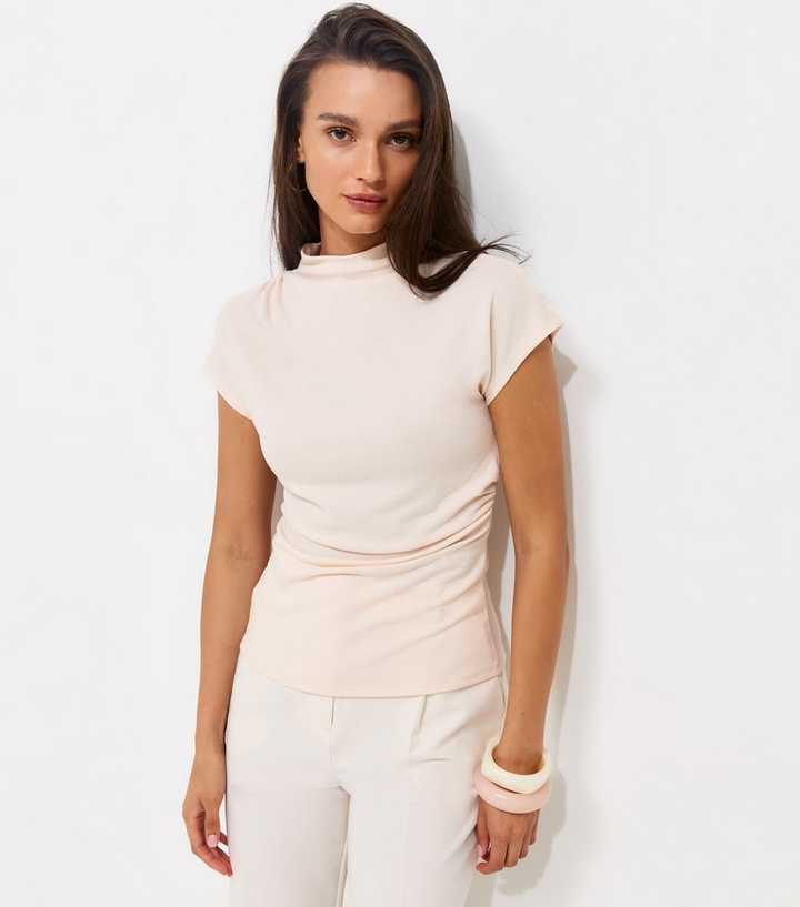 Oatmeal Soft Touch Draped High Neck T-Shirt