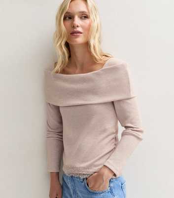 Petite Oatmeal Soft Touch Lace Trim Bardot Top