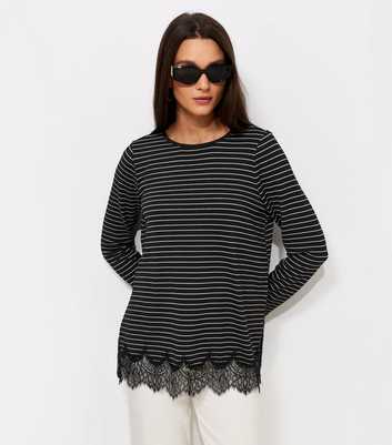 Black Striped Scalloped Lace Hem Top