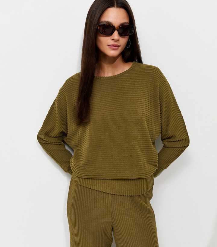 Dark Khaki Soft Touch Ribbed Batwing Sleeve Top