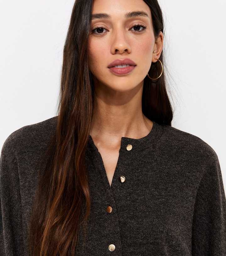 Dark Grey Fitted Hem Crew Neck Cardigan