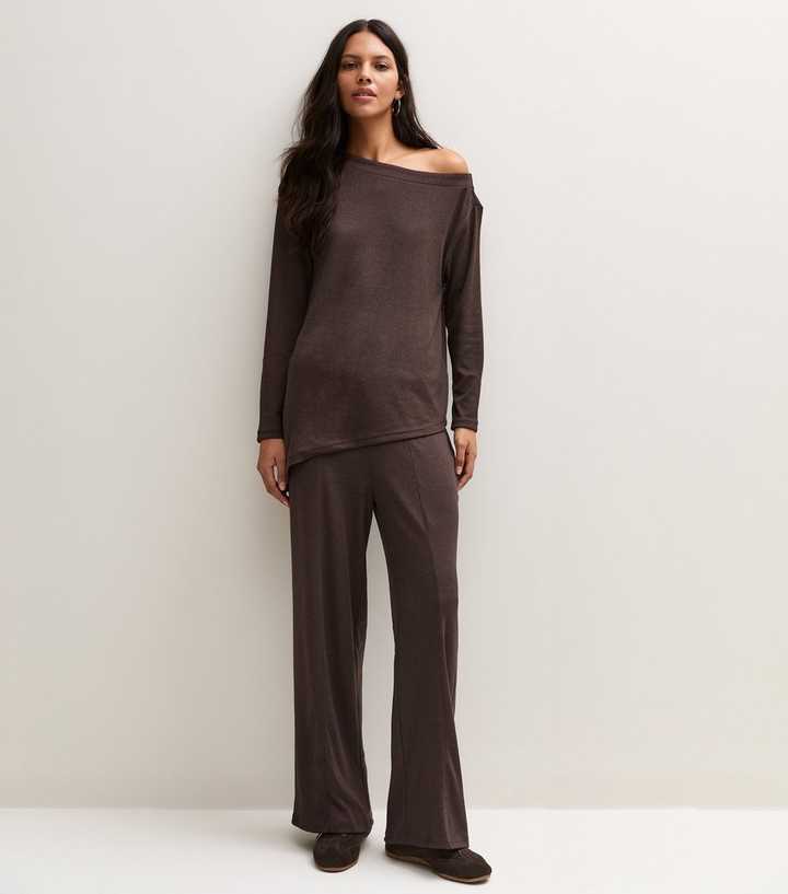 Dark Brown Soft Touch Wide Leg Trousers