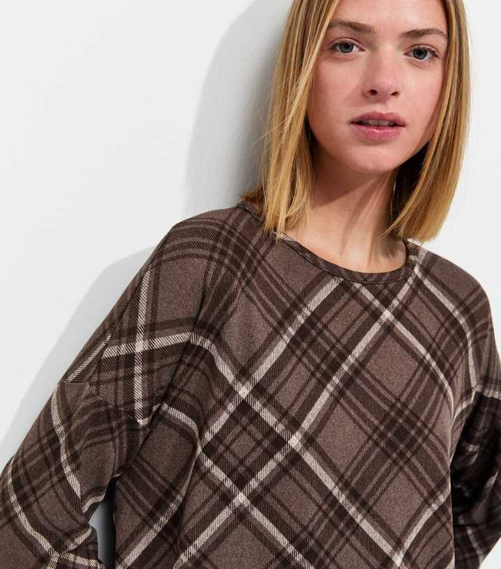 Brown Soft Touch Check Print Long Sleeve Top