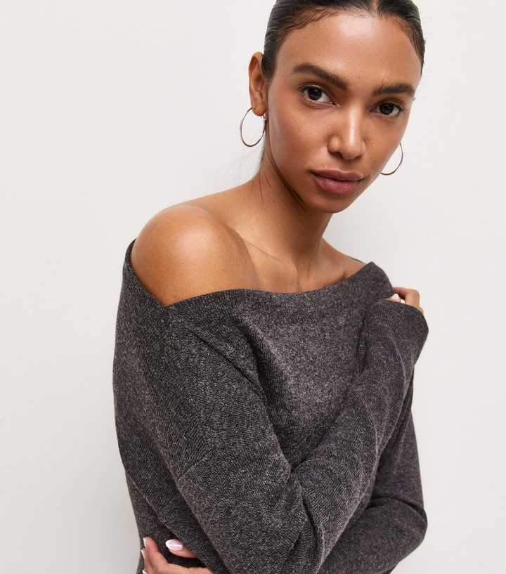 Dark Grey Soft Touch Slash Neck Asymmetric Draped Top