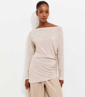 Oatmeal Soft Touch Slash Neck Asymmetric Draped Top