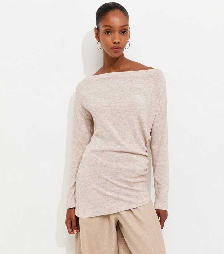 Oatmeal Soft Touch Slash Neck Asymmetric Draped Top