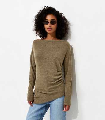Light Khaki Soft Touch Slash Neck Asymmetric Draped Top