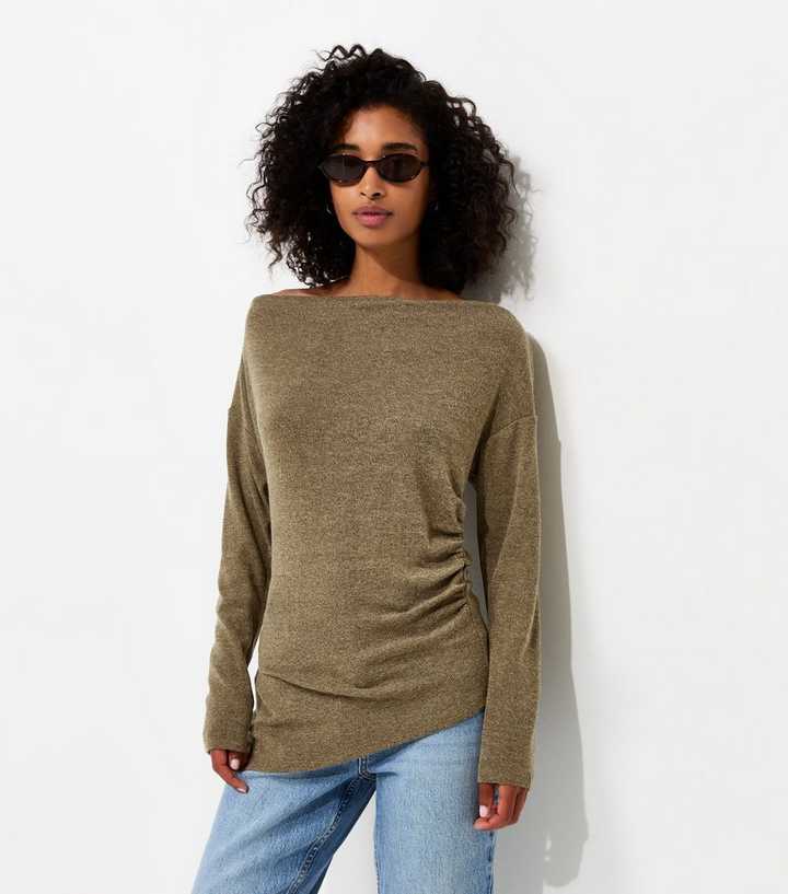 Light Khaki Soft Touch Slash Neck Asymmetric Draped Top