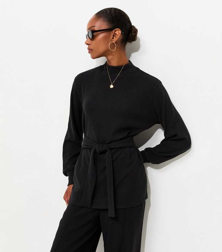 Black Soft Touch Belted Long Sleeve Knitted Top