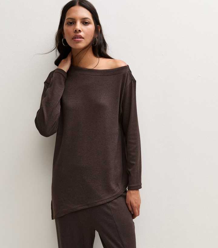 Dark Brown Asymmetric Hem Long Sleeve Top