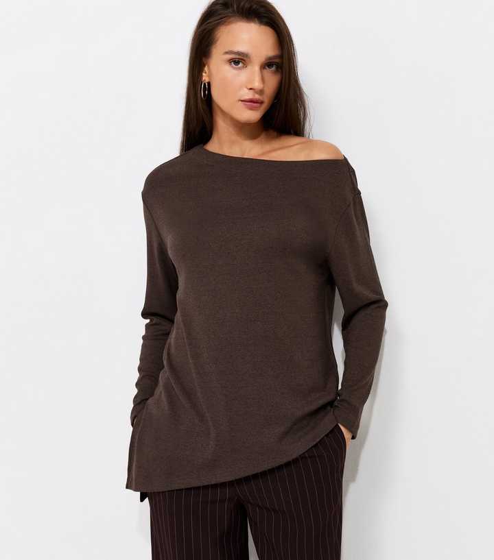 Dark Brown Asymmetric Hem Long Sleeve Top