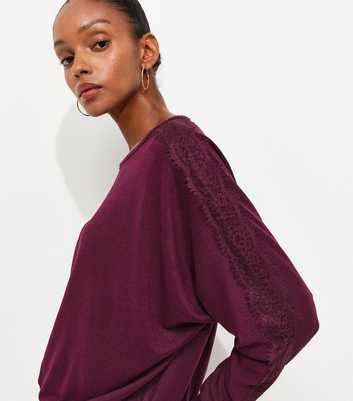 Burgundy Soft Touch Lace Trim Batwing Sleeve Top