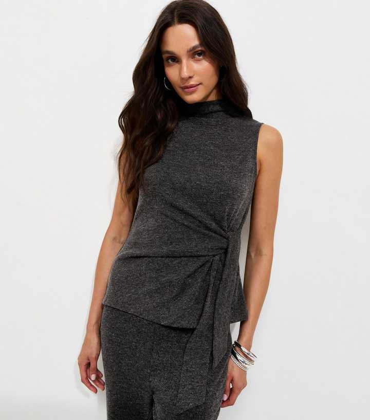 Dark Grey Knotted High Neck Sleeveless Top