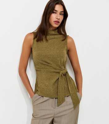 Light Khaki Knotted High Neck Sleeveless Top