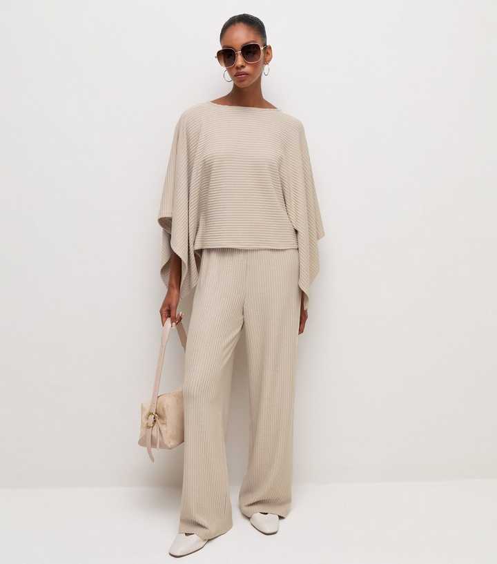 Cream Soft Touch Ribbed Wide Leg Trousers