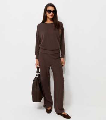 Dark Brown Soft Touch Ribbed Wide Leg Trousers