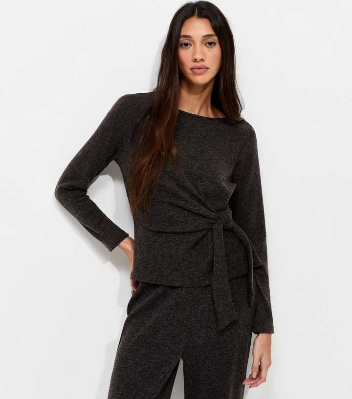 Dark Grey Soft Touch Tie Front Long Sleeve Top