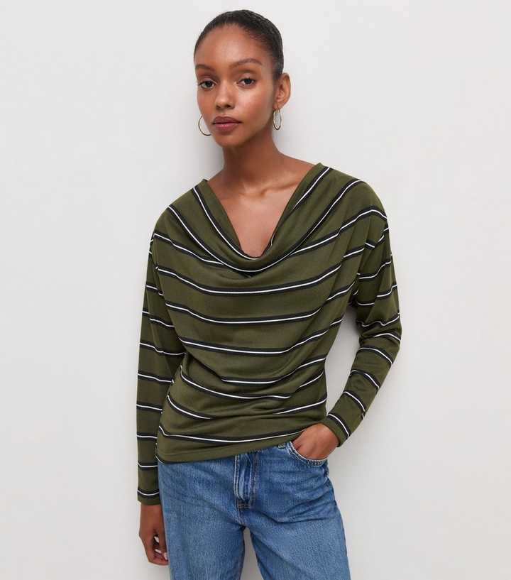 Green Soft Touch Stripe Cowl Neck Top