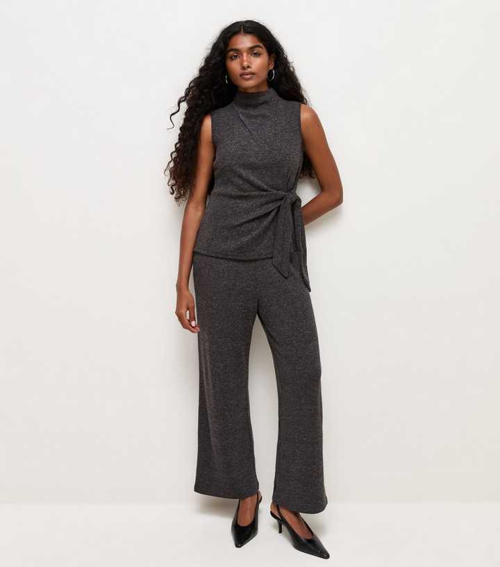 Petite Dark Grey Soft Touch High Neck Tie Waisted Knit Top