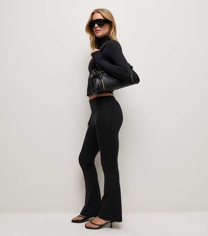 Premium Black Athletic Foldover Waistband Flared Leggings