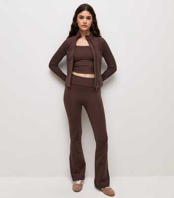 Premium Dark Brown Athletic Foldover Waistband Flared Leggings