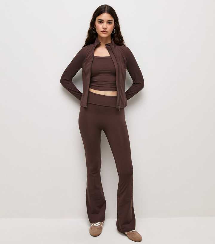 Premium Dark Brown Athletic Foldover Waistband Flared Leggings