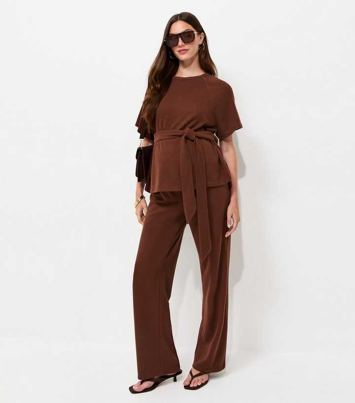Maternity Brown Soft Touch Short Sleeve Tie Waist Top
