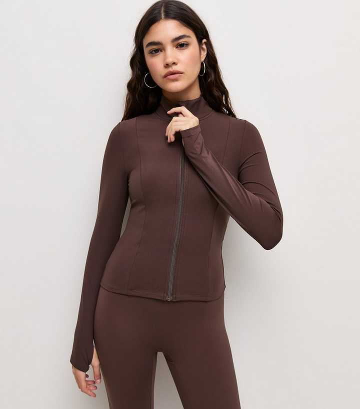 Premium Dark Brown Zip Front Athletic Jacket