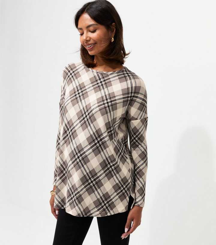 Maternity Cream Soft Touch Check Print Long Sleeve Top