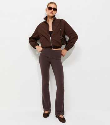 Dark Brown Cotton Rich Fold Over Waistband Flared Leggings