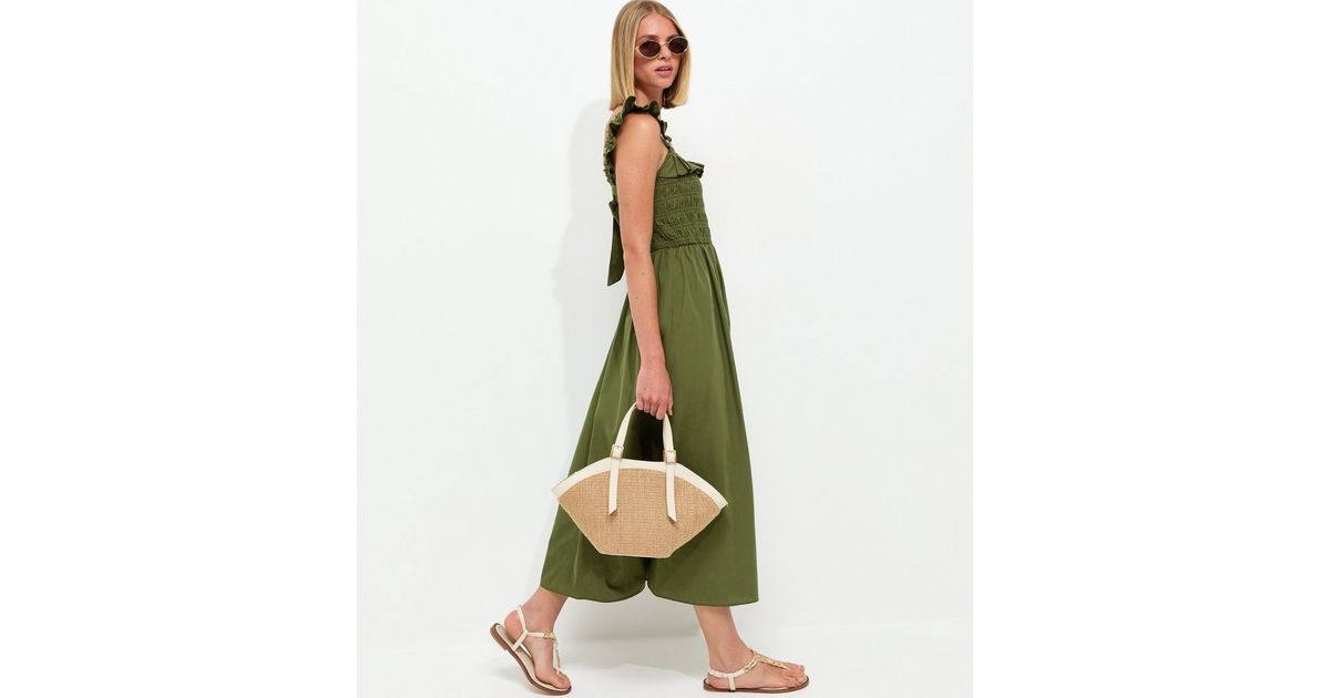 Dark Khaki Cotton Tie Back Shirred Poplin Midi Dress