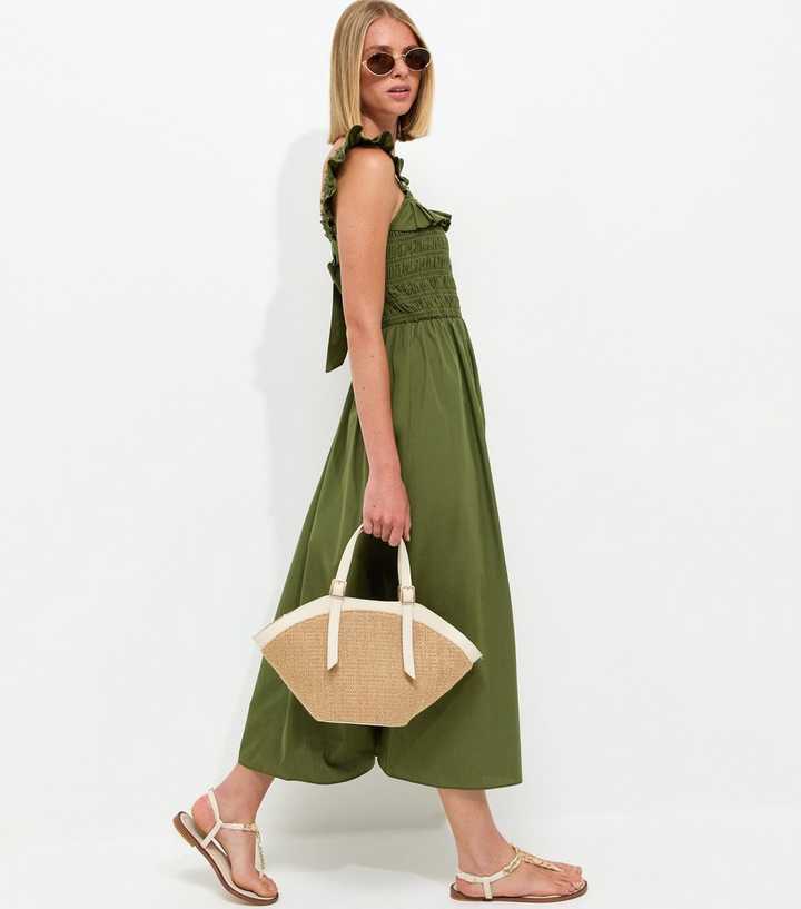 Dark Khaki Cotton Tie Back Shirred Poplin Midi Dress