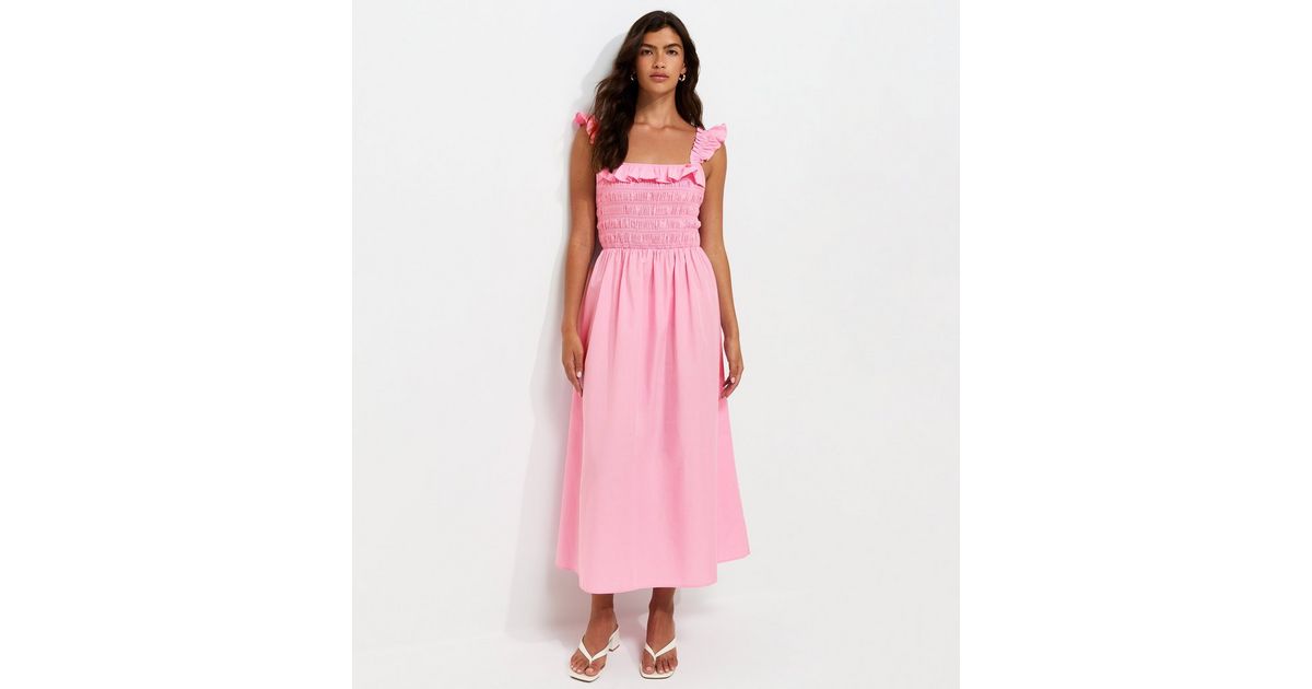 Light Pink Cotton Tie Back Shirred Poplin Midi Dress