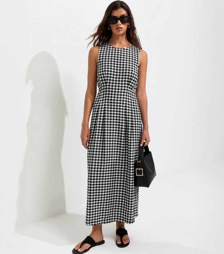 Black Gingham Seersucker Column Midi Dress