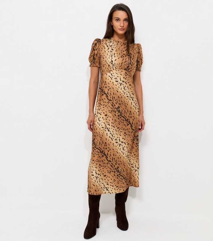 Brown Animal Print Puff Sleeve Midi Dress