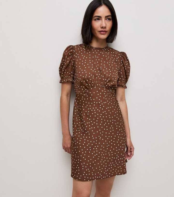 Brown Crepe Polka Dot Puff Sleeve Mini Dress