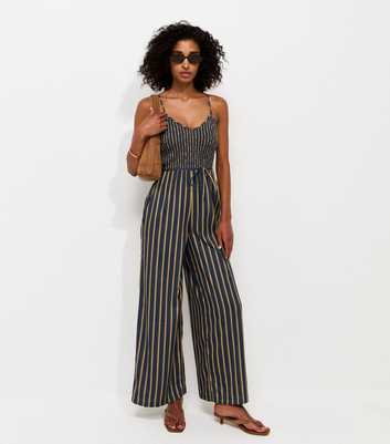 Blue Crepe Striped Shirred Bust Jumpsuit
