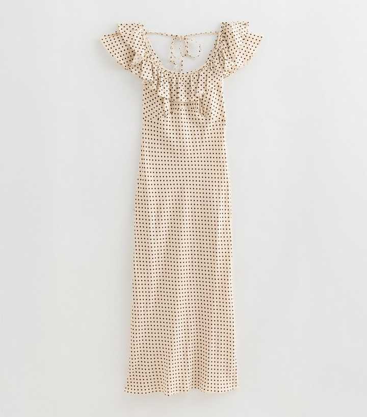 Tall Cream Spot Print Ruffle Neck Midi Dress