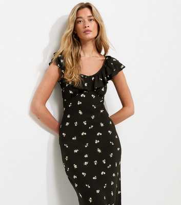 Black Floral Print Ruffle Trim Midi Dress