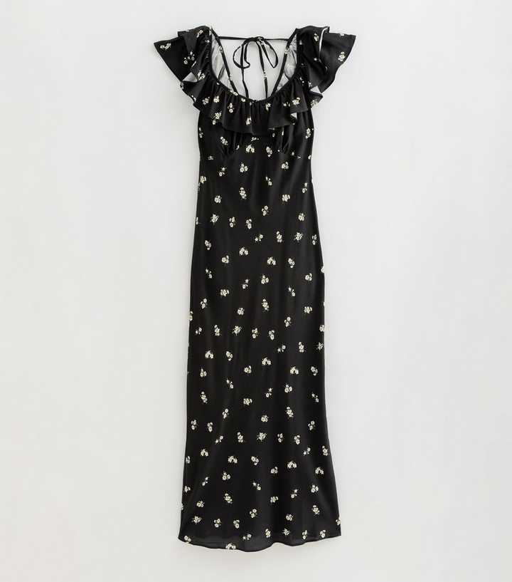 Black Floral Print Ruffle Trim Midi Dress