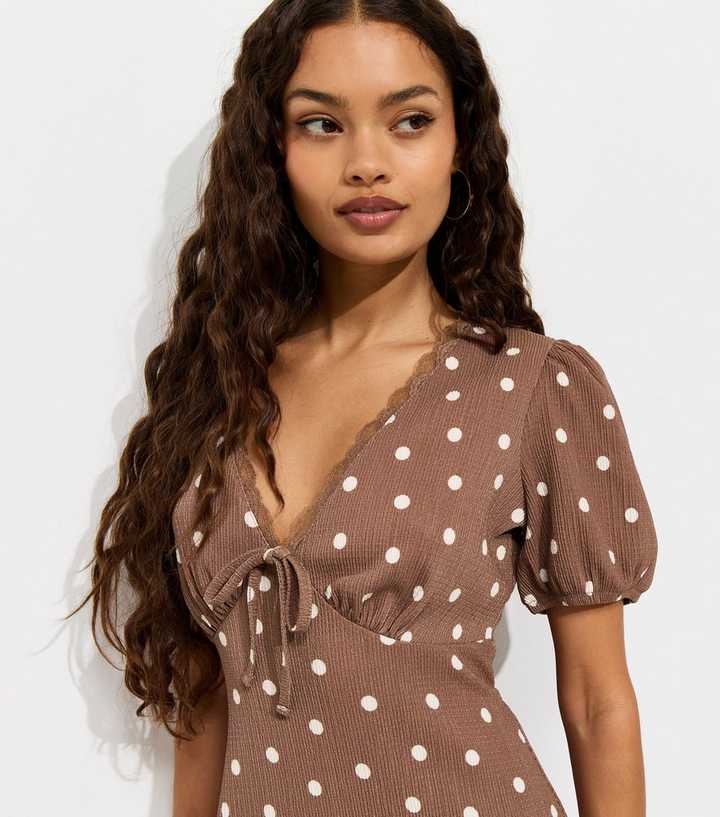 Petite Brown Crinkled Polka Dot Mini Dress | New Look